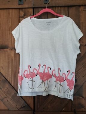 Talbots White Tee with Pink Flamingo Border